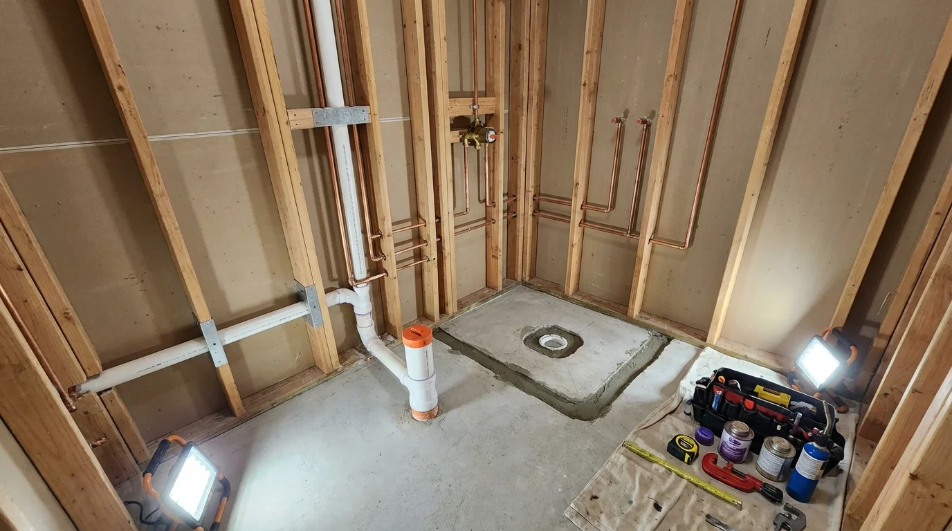 Bathroom rough-in plumbing during remodel by Johns Plumbing LLC in Italy