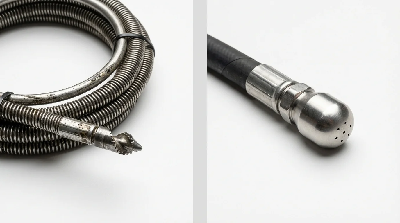 Drain snake cable and hydro jetting nozzle used for drain cleaning in Italy, TX