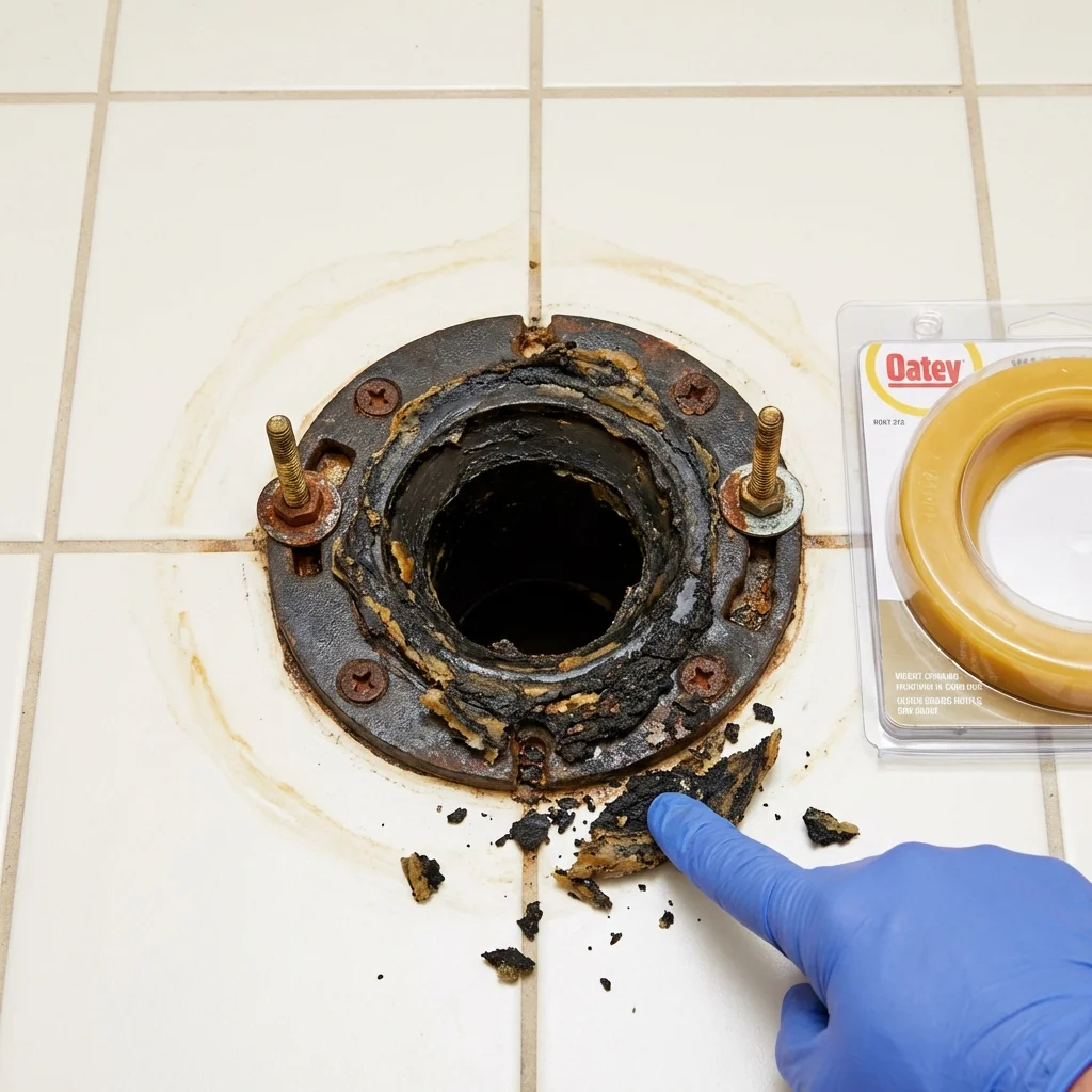 Failed wax ring showing water seepage at the base of a toilet in a Italy, TX home