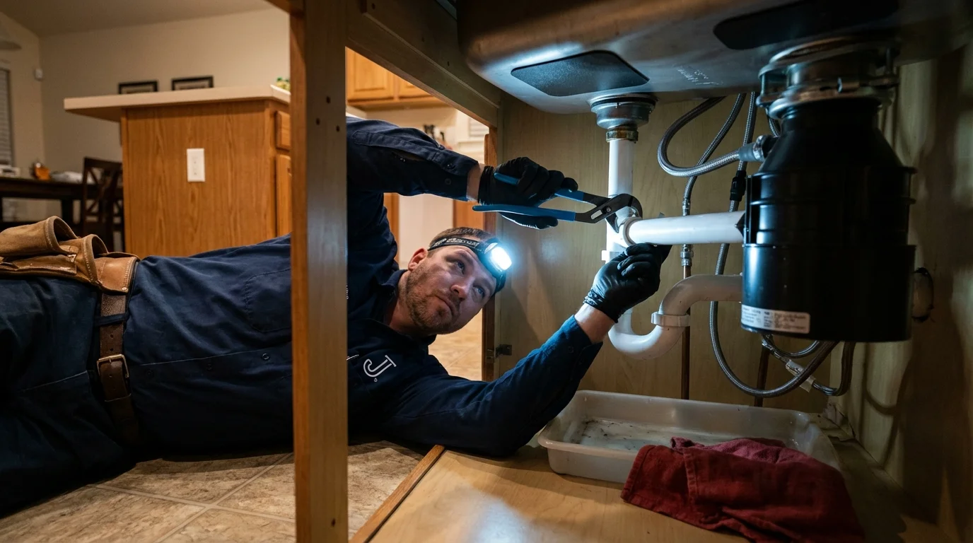 P-trap and supply line connections under a kitchen sink showing a common leak point in Italy, TX
